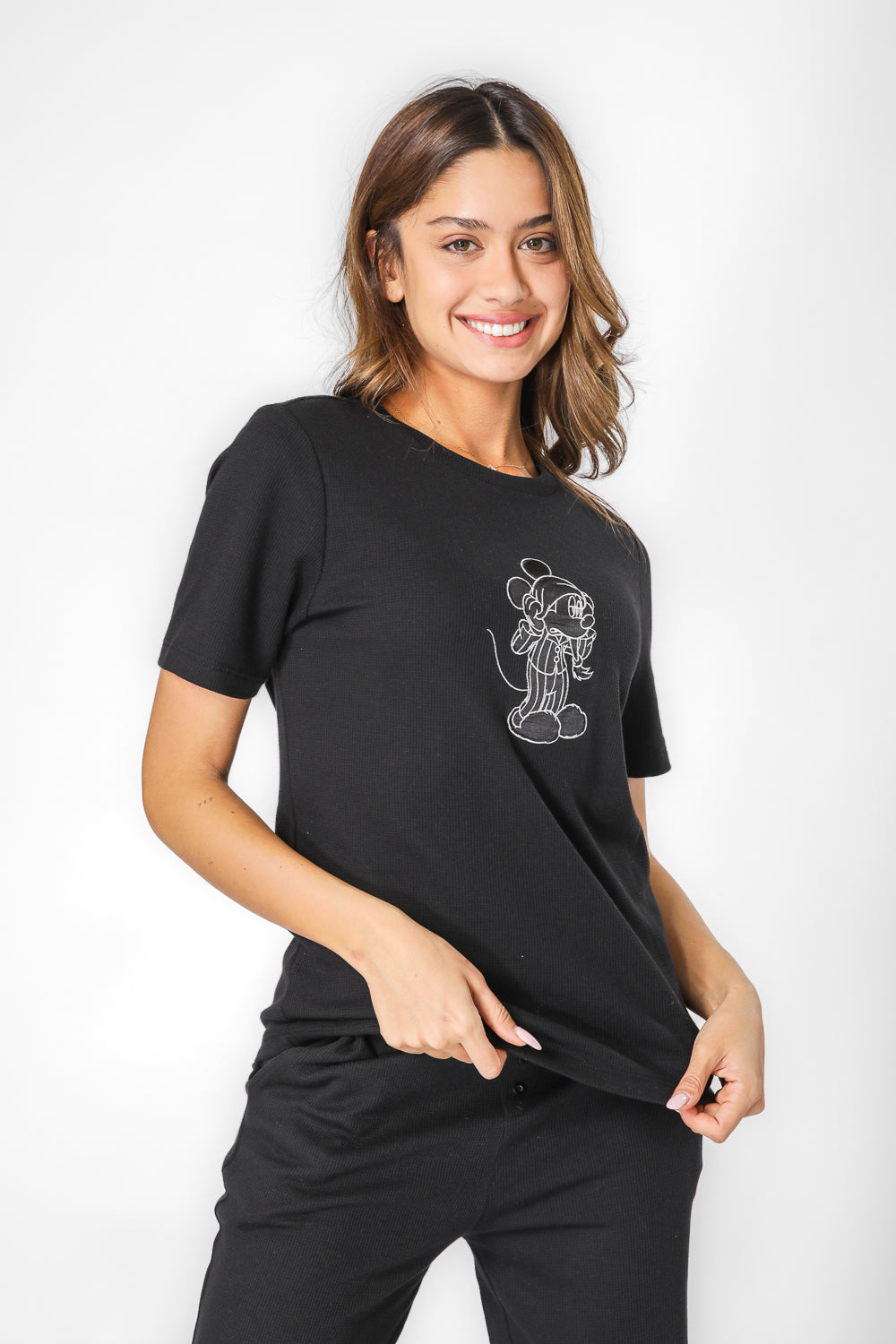 סט פיג’מה וופל באורך 7/8 MICKEY בצבע שחור