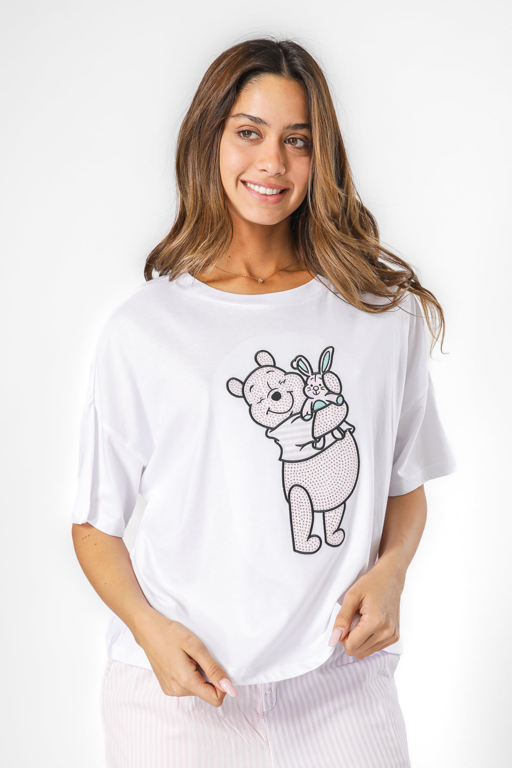 סט פיג’מה עם קריסטלים POOH בצבעים ורוד לבן