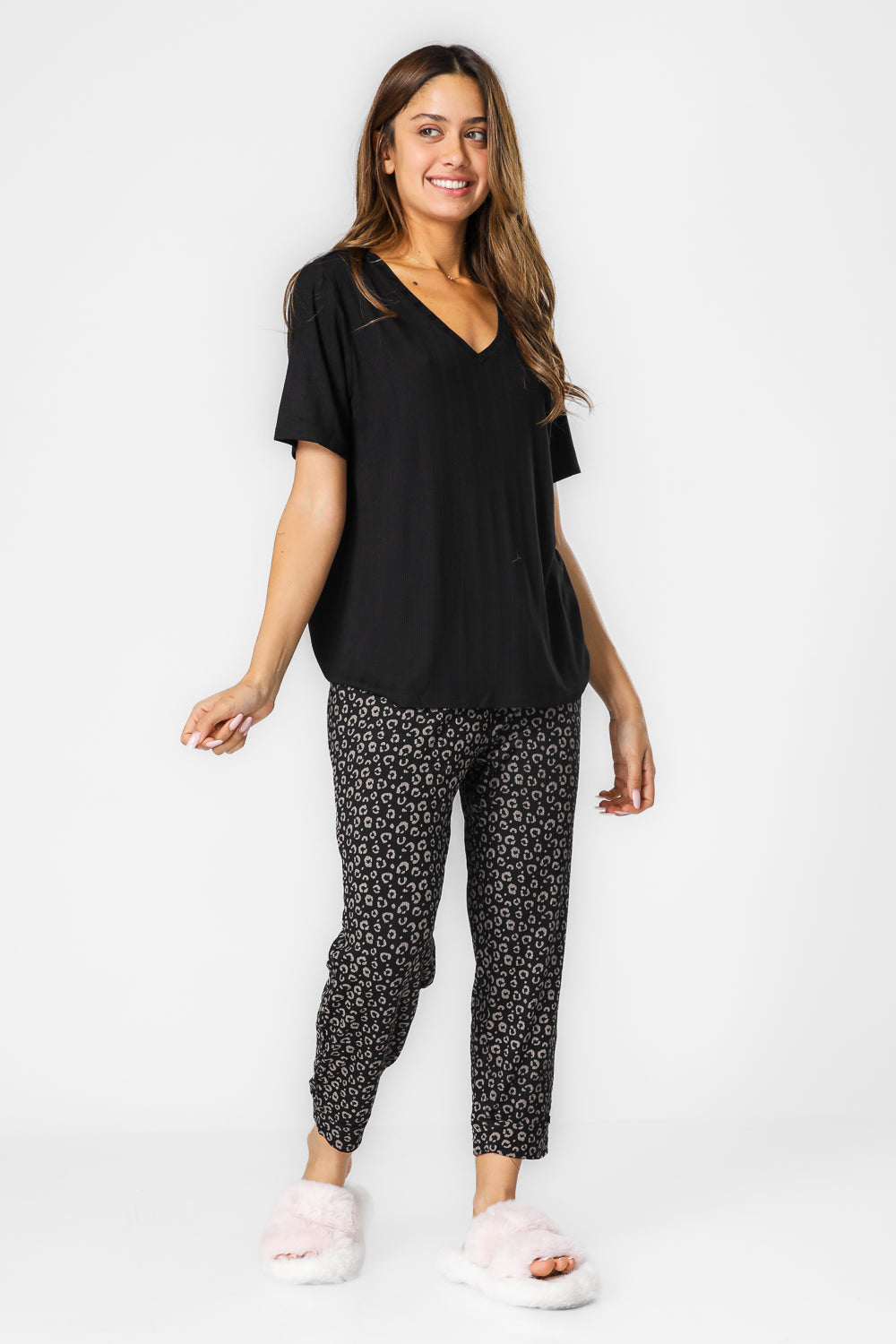 סט פיג’מה 7/8 LEOPARD בצבע שחור