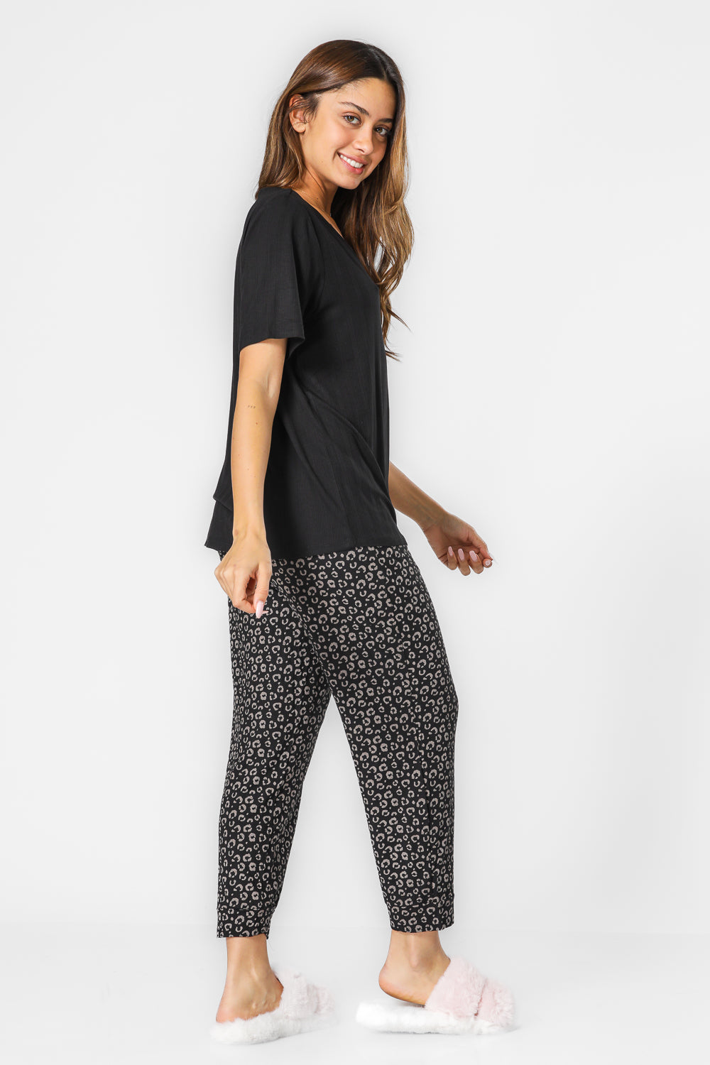 סט פיג’מה 7/8 LEOPARD בצבע שחור