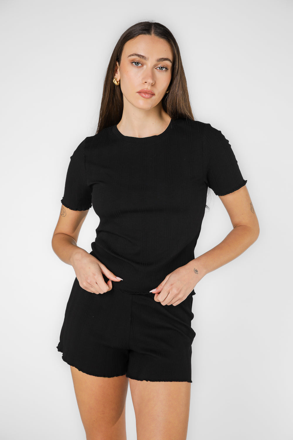 סט פיג’מה קצרה מבד ריב שחור