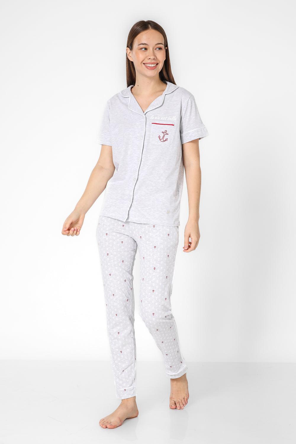 פיג'מה מכופתרת עוגן בצבע אפור - MASHBIR//365