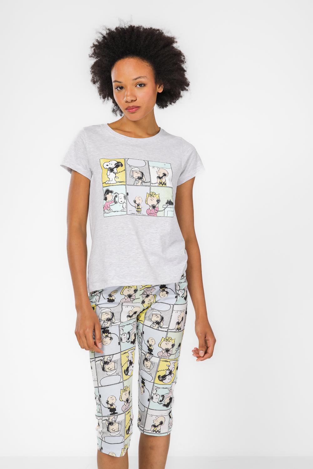 סט פיג'מה 3/4 סנופי קומיקס בצבע אפור - MASHBIR//365