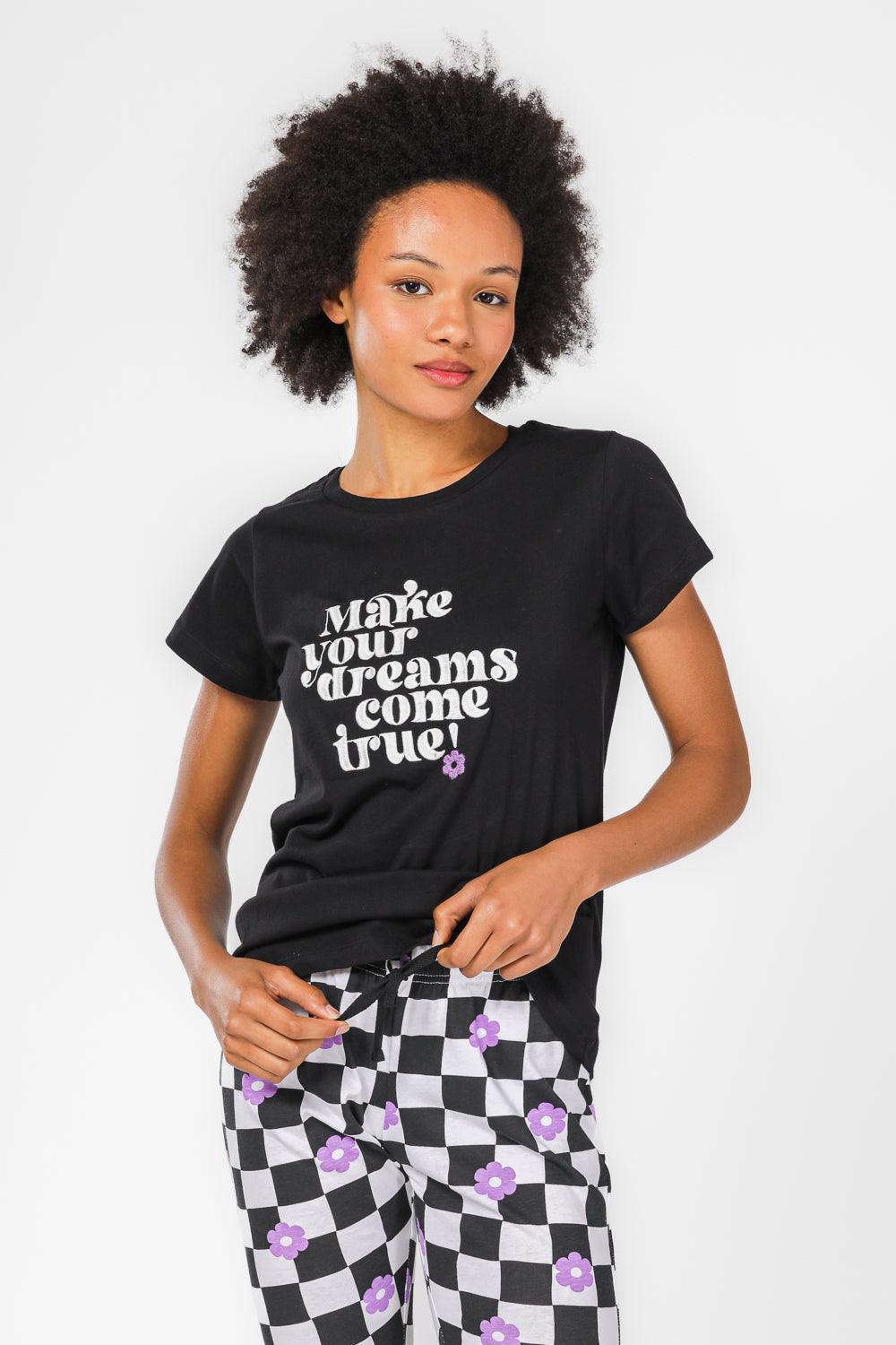 סט פיג'מה 3/4 בהדפס משבצות בצבע שחור - MASHBIR//365