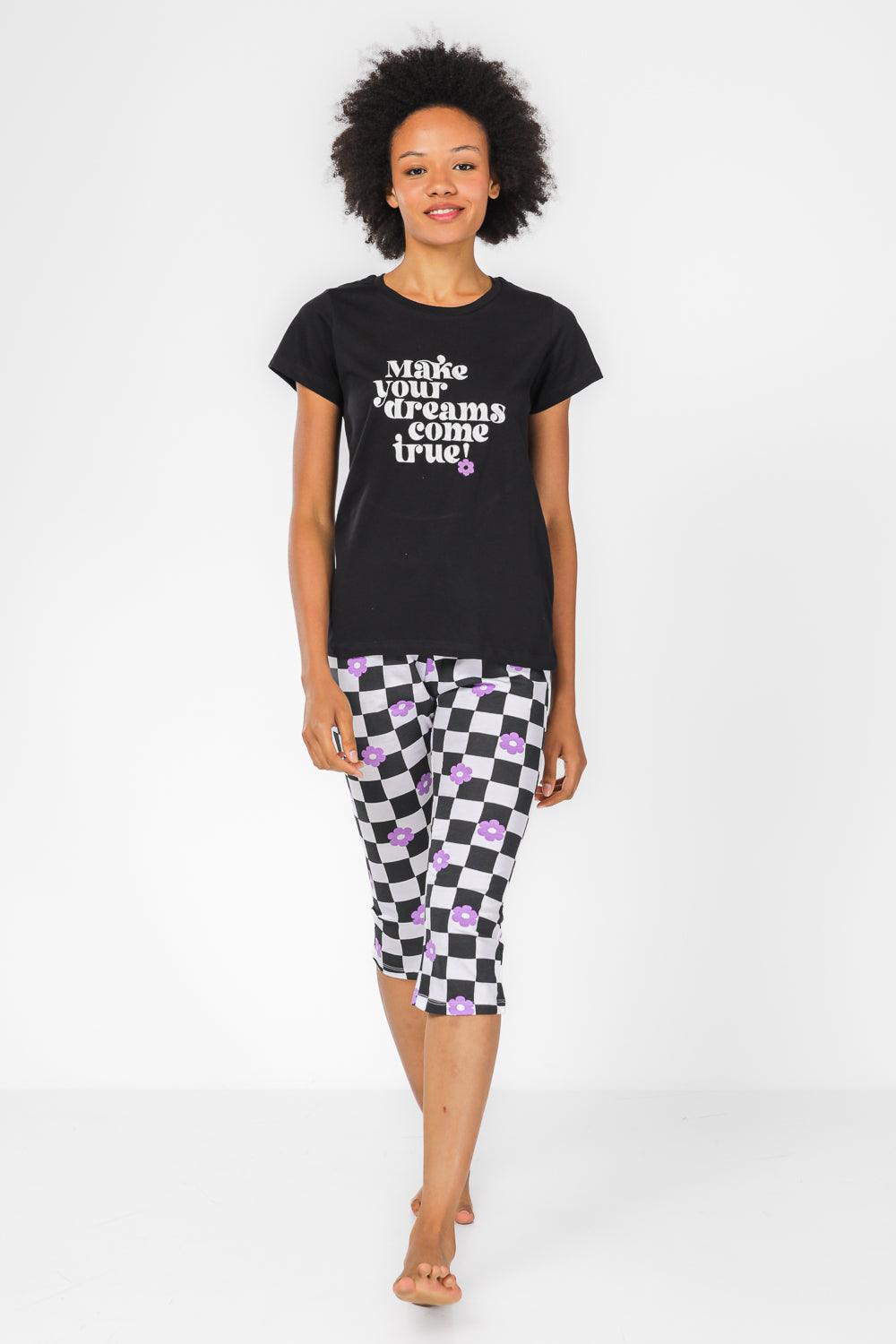 סט פיג'מה 3/4 בהדפס משבצות בצבע שחור - MASHBIR//365