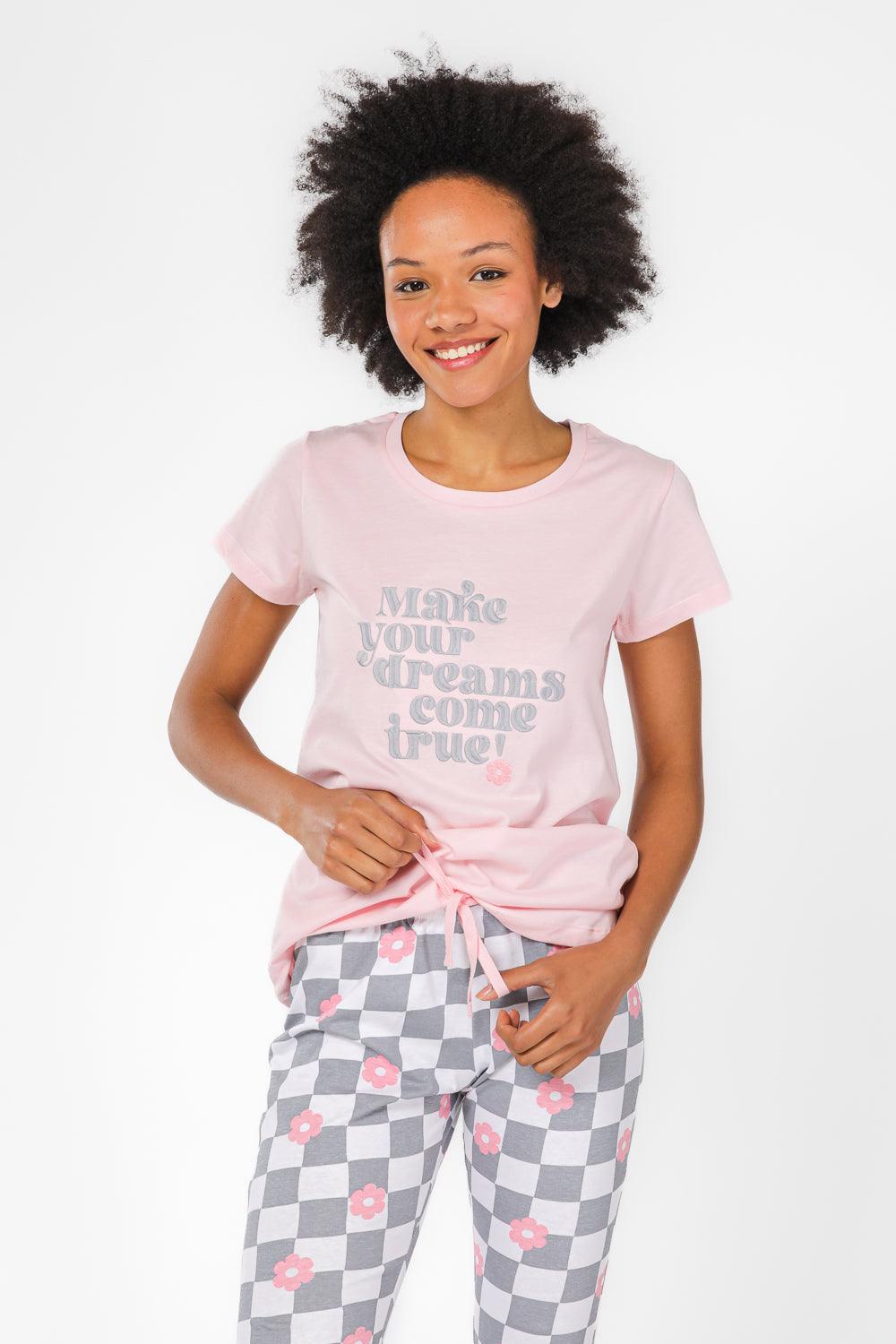 סט פיג'מה 3/4 בהדפס משבצות בצבע ורוד - MASHBIR//365