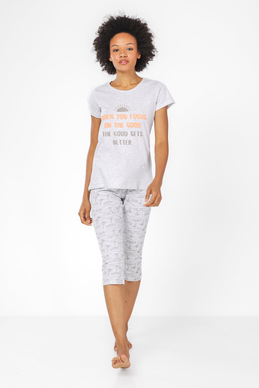 סט פיג'מה 3/4 בהדפס דקלים בצבע אפור - MASHBIR//365