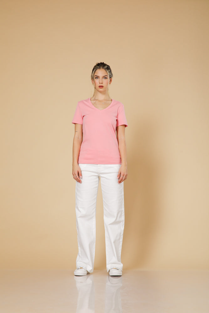 טי כותנה פרימיום צווארון וי בצבע ורוד