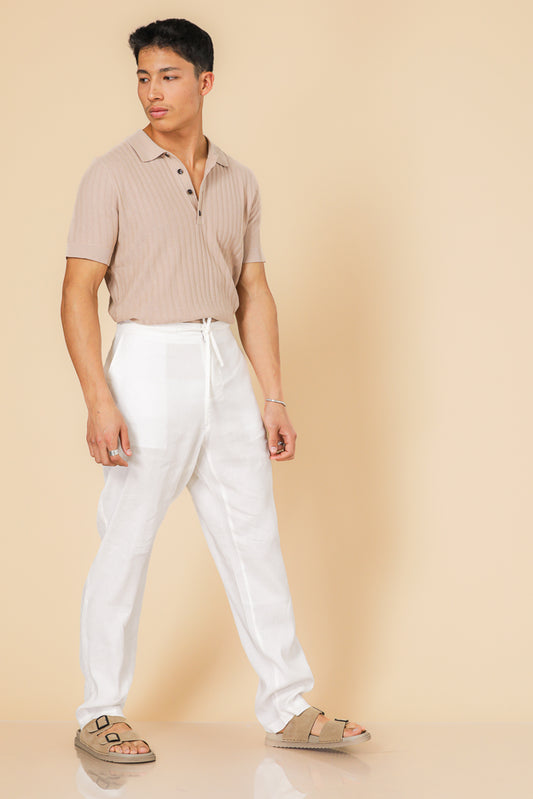 מכנסי פשתן קשירה בצבע לבן