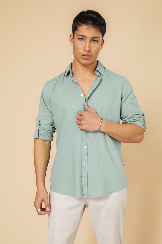 מכותפרת פשתן כיסים מודרן בצבע ירוק