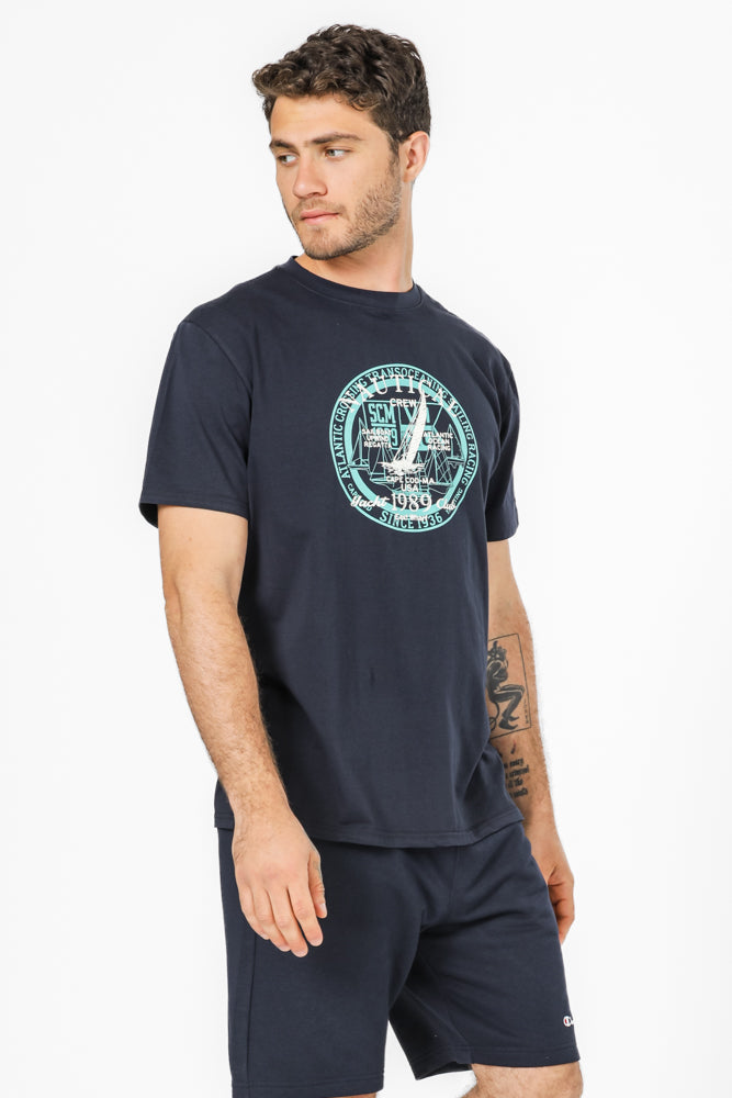 טישירט בייסיק בצבע נייבי עם הדפס