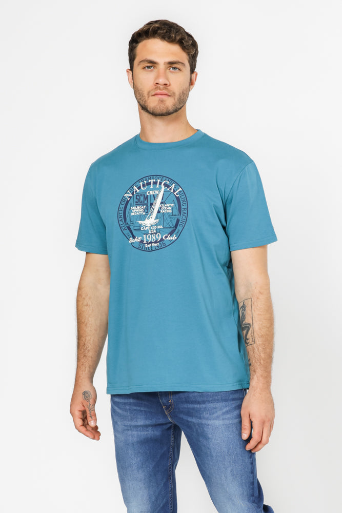 טישירט בייסיק בצבע כחול עם הדפס