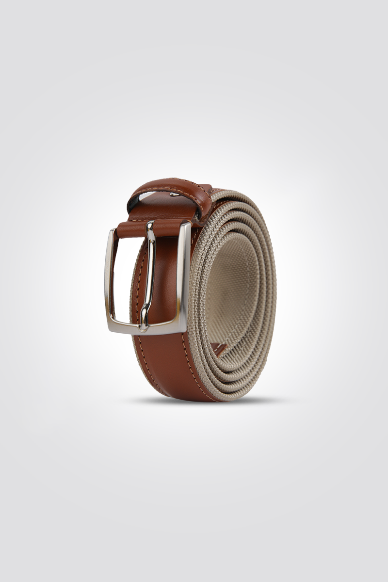 חגורת עור נובוק קנבס לגברים 3.5 ס"מ בצבע חום עץ