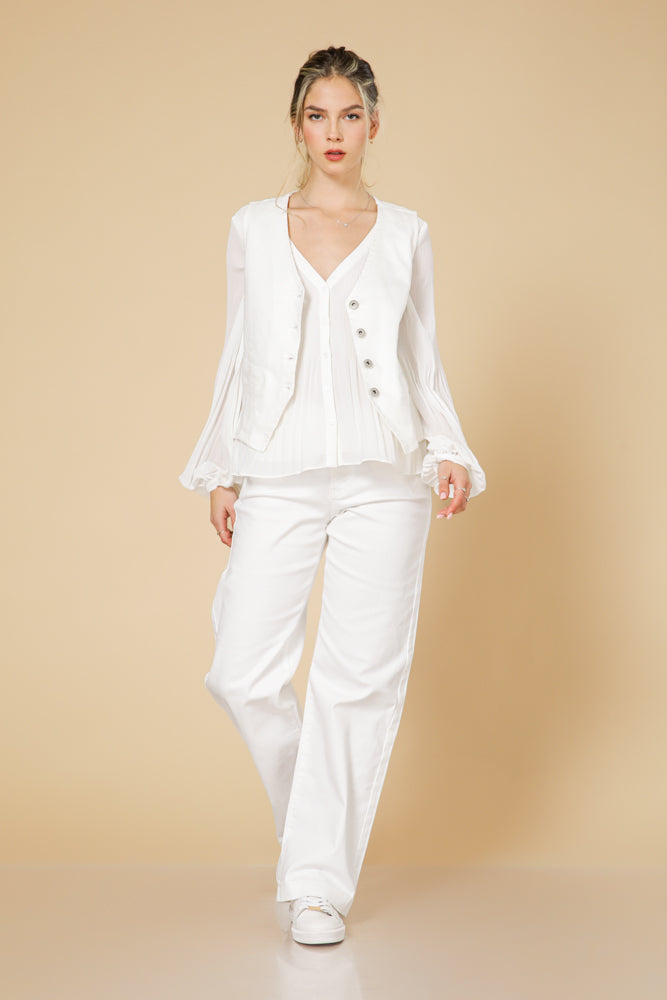 חולצת פליסה שרוול ארוך בצבע לבן
