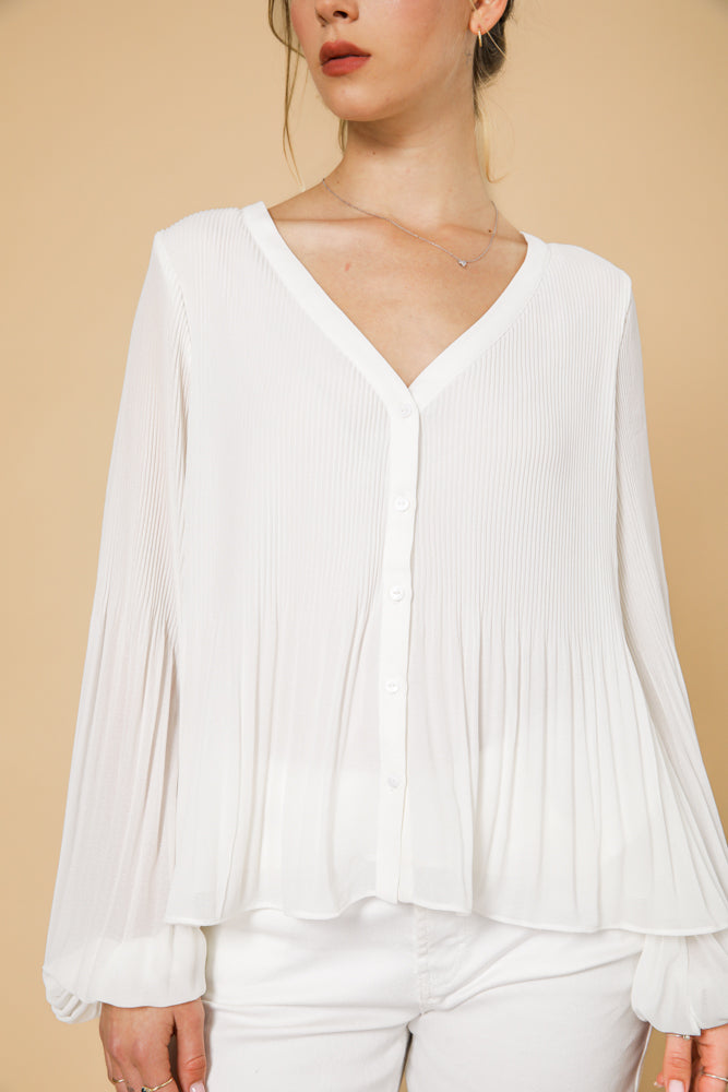 חולצת פליסה שרוול ארוך בצבע לבן