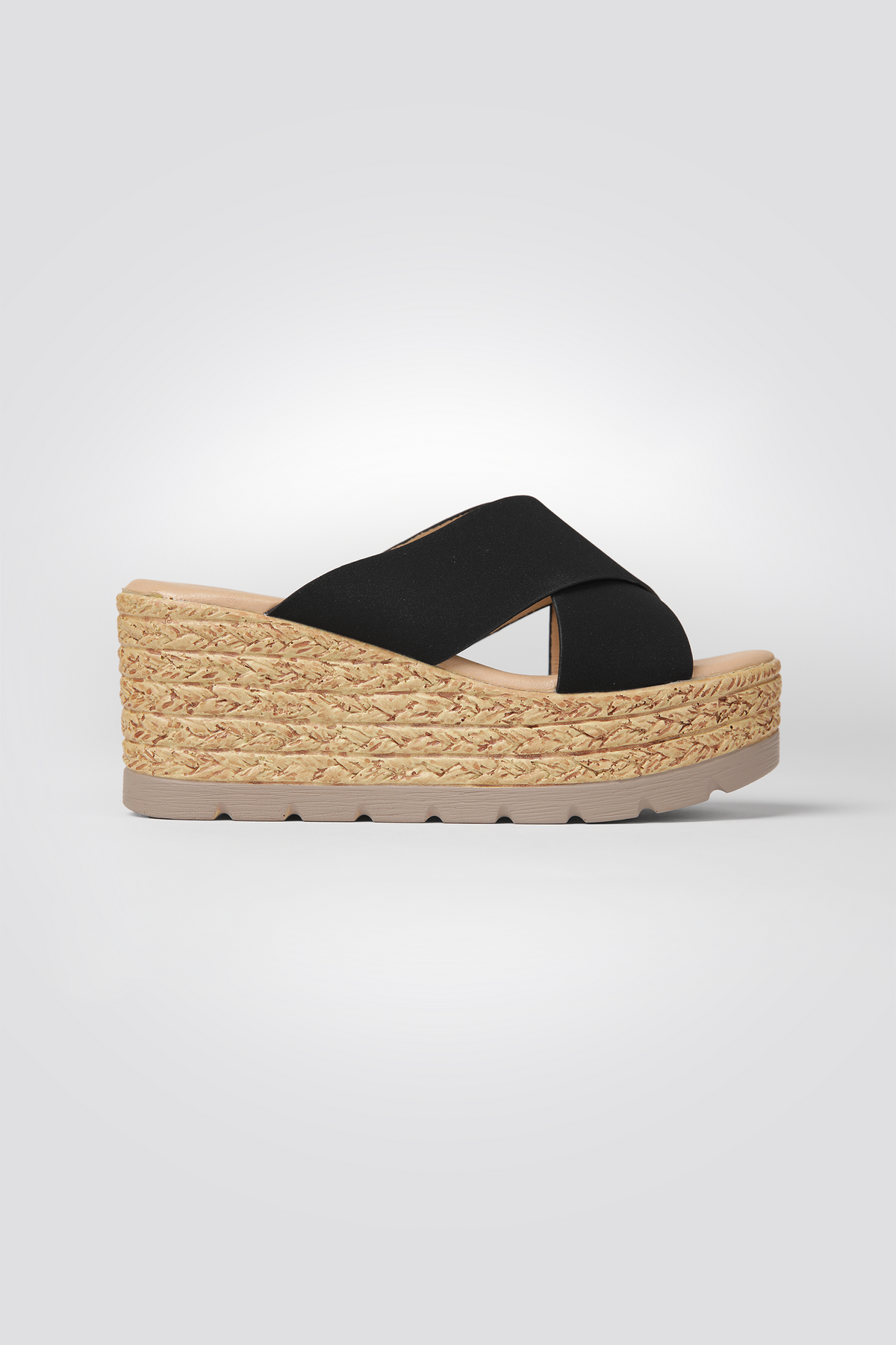 כפכפי פלטפורמה רצועות מוצלבות בשילוב קש בצבע שחור