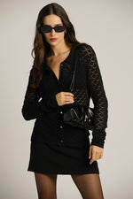 קרדיגן שחור שקפקף מעוצב בסריגה דקורטיבית | קנת קול