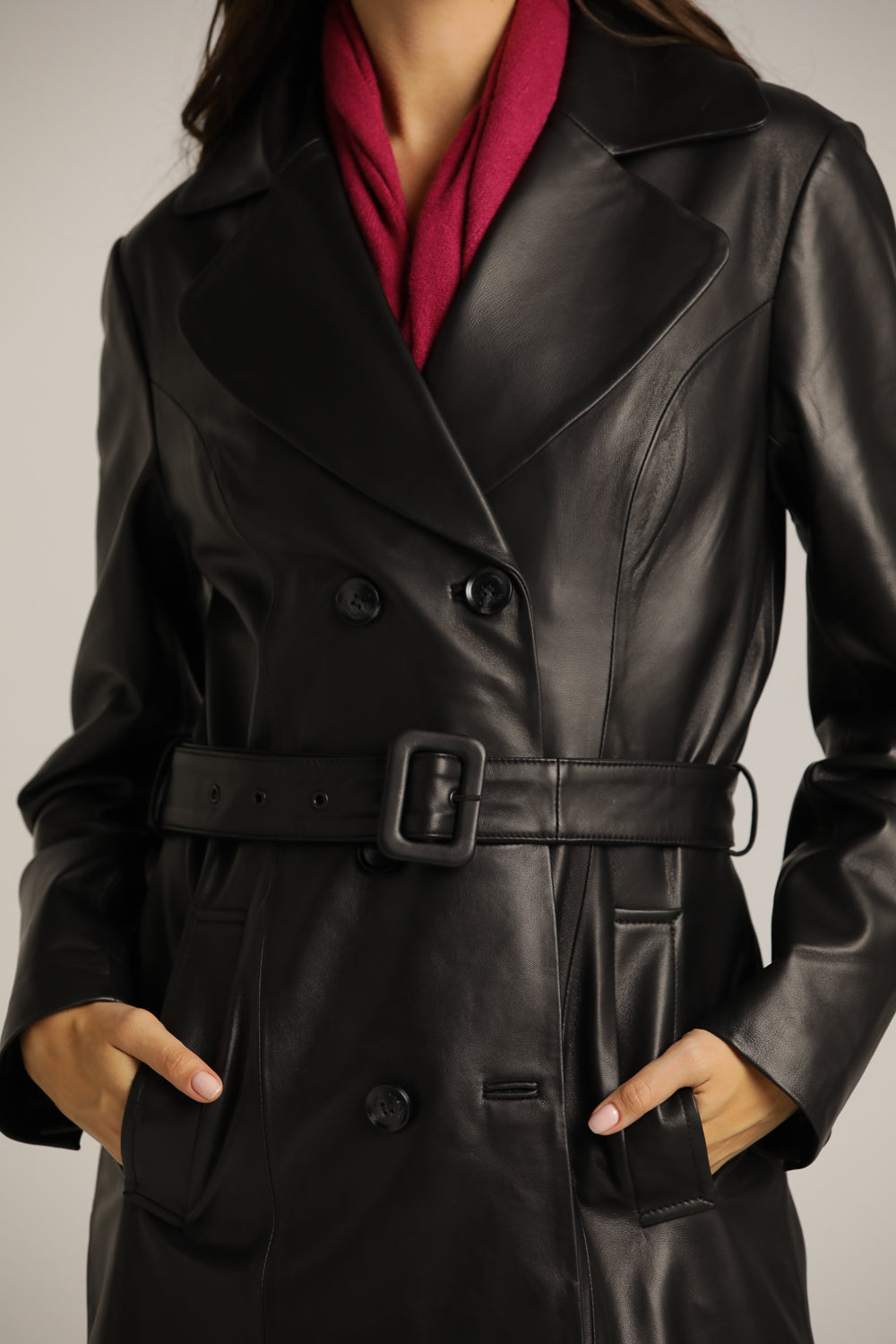 מעיל עור ארוך עם כפתרה מוצלבת | קנת קול