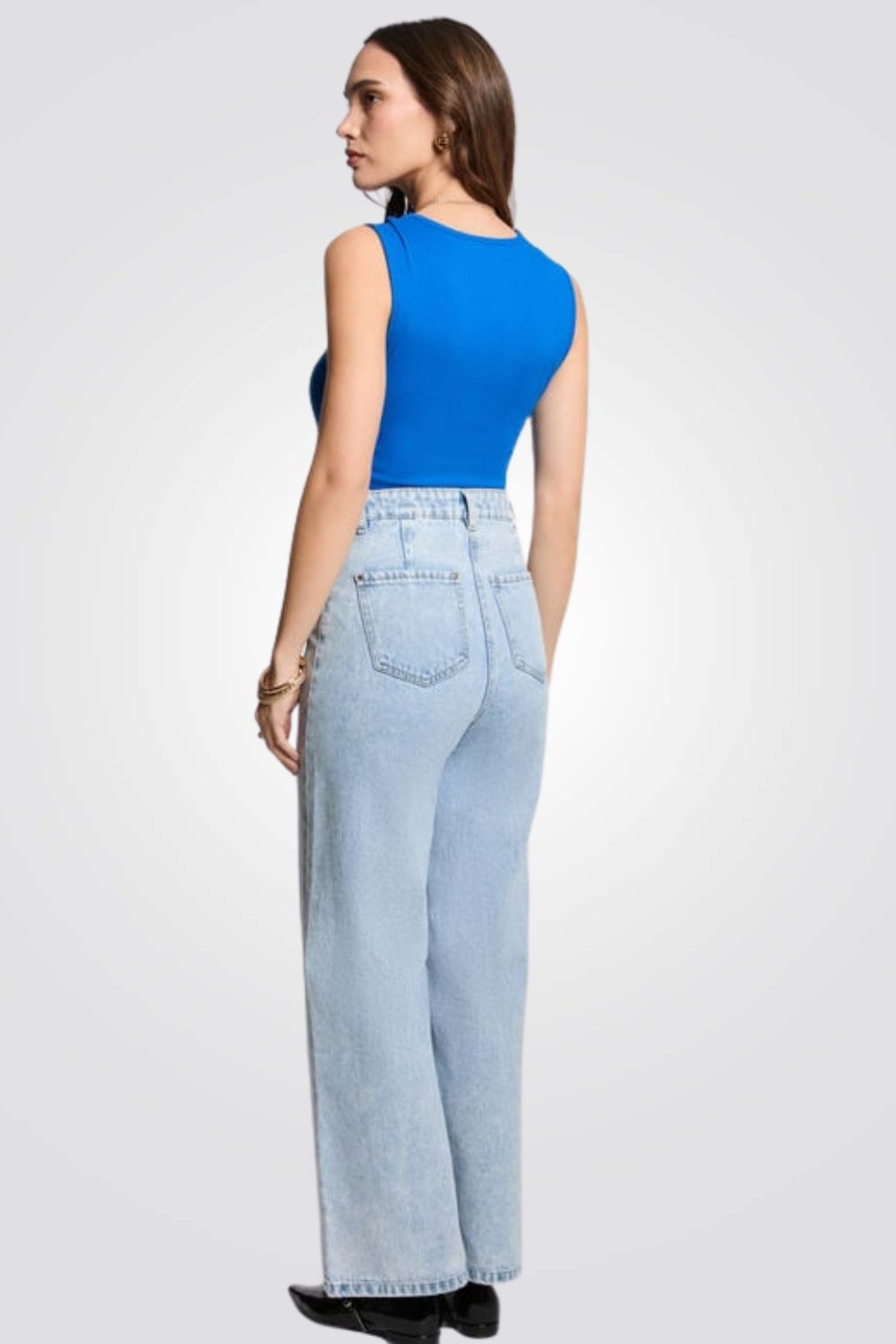 טופ במראה ריב צווארון וי תחרה בצבע כחול רויאל