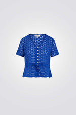 חולצת תחרה כפתורים דקורטיביים בצבע כחול