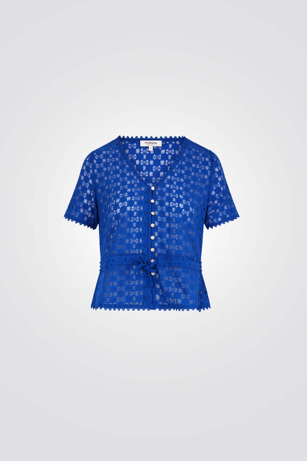 חולצת תחרה כפתורים דקורטיביים בצבע כחול