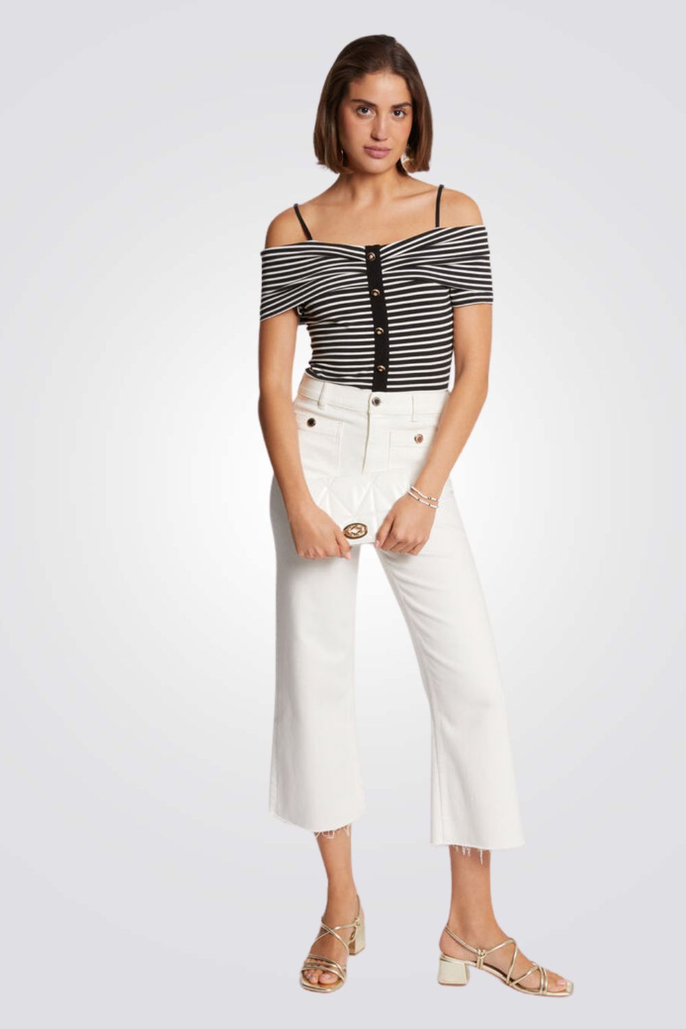 טופ אוף שולדרס הדפס פסים בצבע שחור/לבן