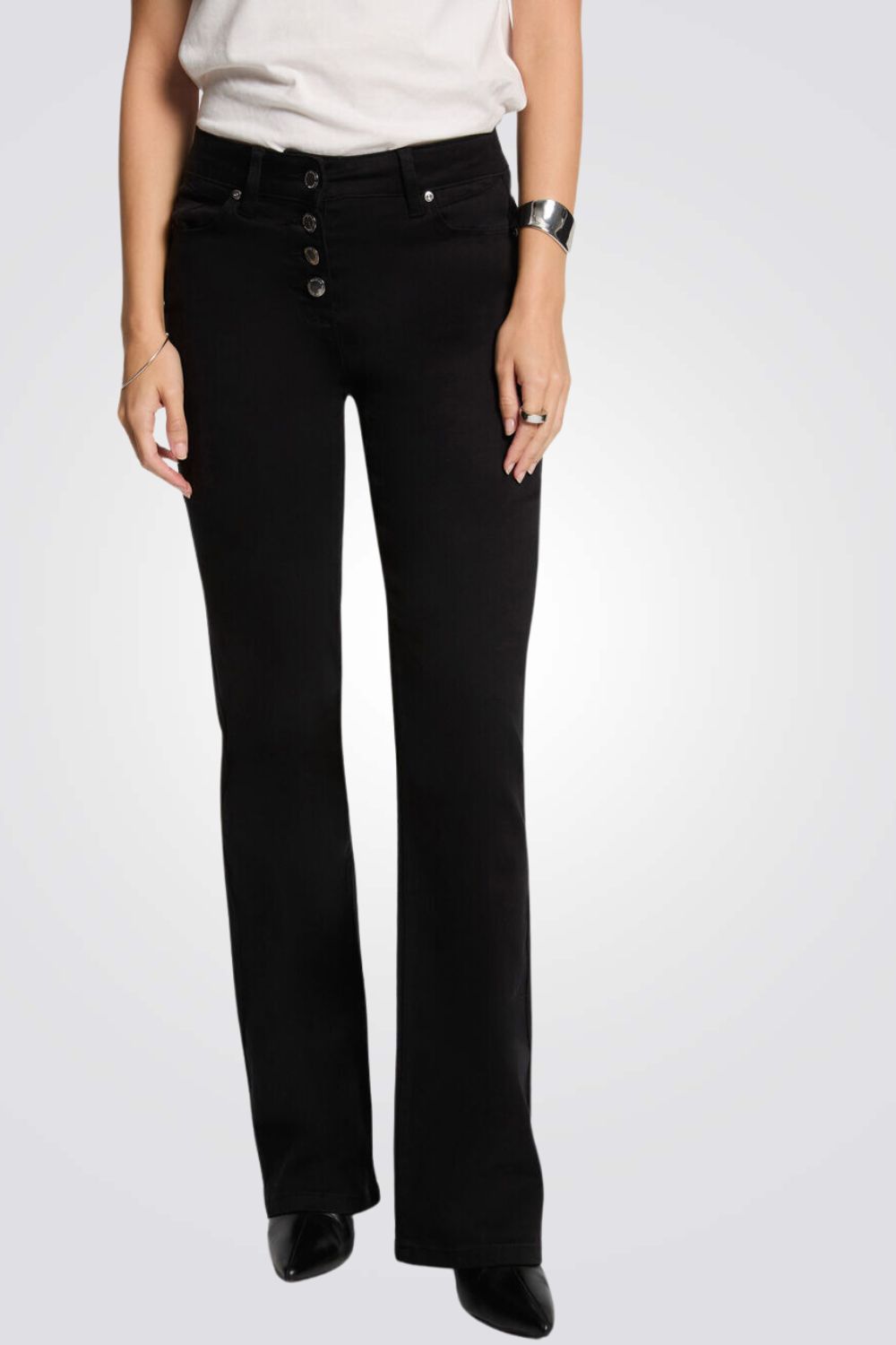 מכנסיים ארוכים Bootcut כפתורים דקורטיביים בצבע שחור