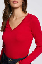 טישירט שרווך ארוך צווארון וי בצבע אדום