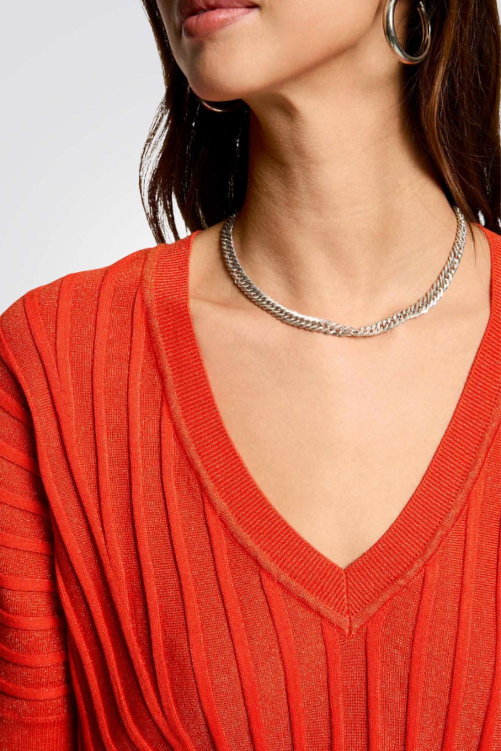 סריג שרוולים קצרים צווארון וי בצבע כתום