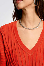 סריג שרוולים קצרים צווארון וי בצבע כתום