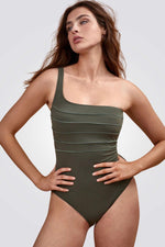 בגד ים שלם וואן שולדר לנשים בצבע ירוק זית - MASHBIR//365