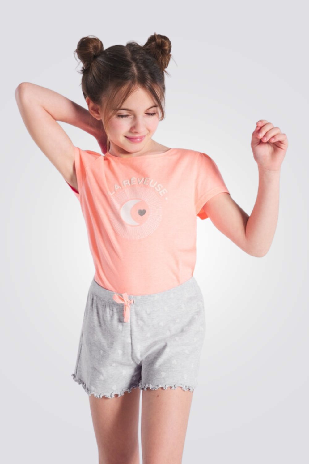 סט פיג'מה קצרה לילדות בצבע אפרסק