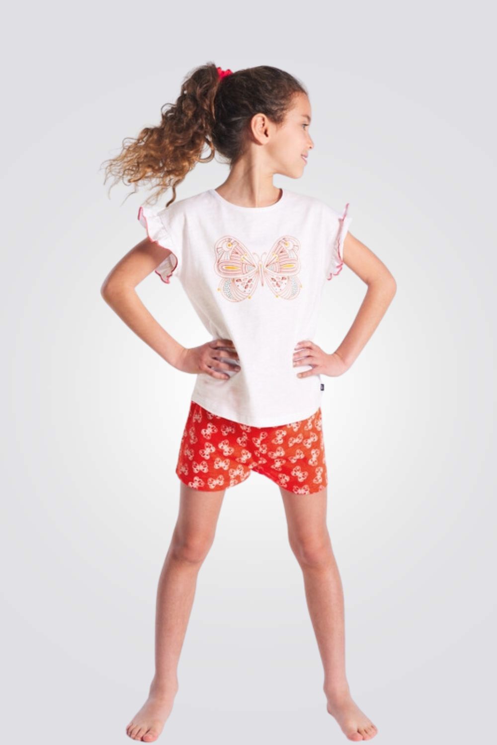 סט פיג'מה קצרה לילדות בהדפס פרפרים