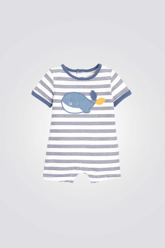 אוברול פיג'מה לתינוקות עם פסים כחולים והדפס לווייתן 