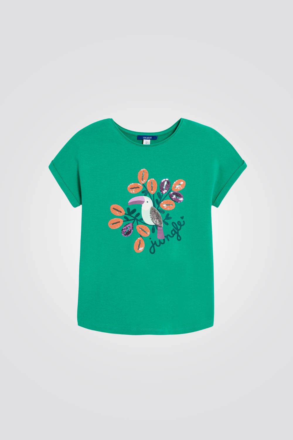 טישירט לילדות בצבע ירוק עם הדפס תוכי