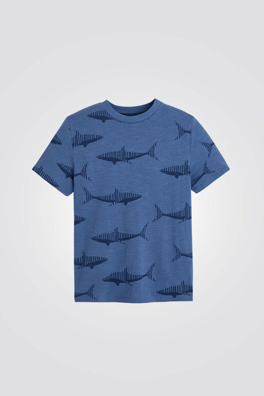 טישירט לילדים בצבע כחול עם הדפס כרישים