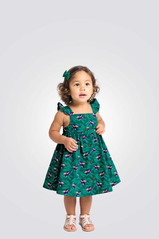 שמלה לתינוקות בצבע ירוק עם הדפס תוכים