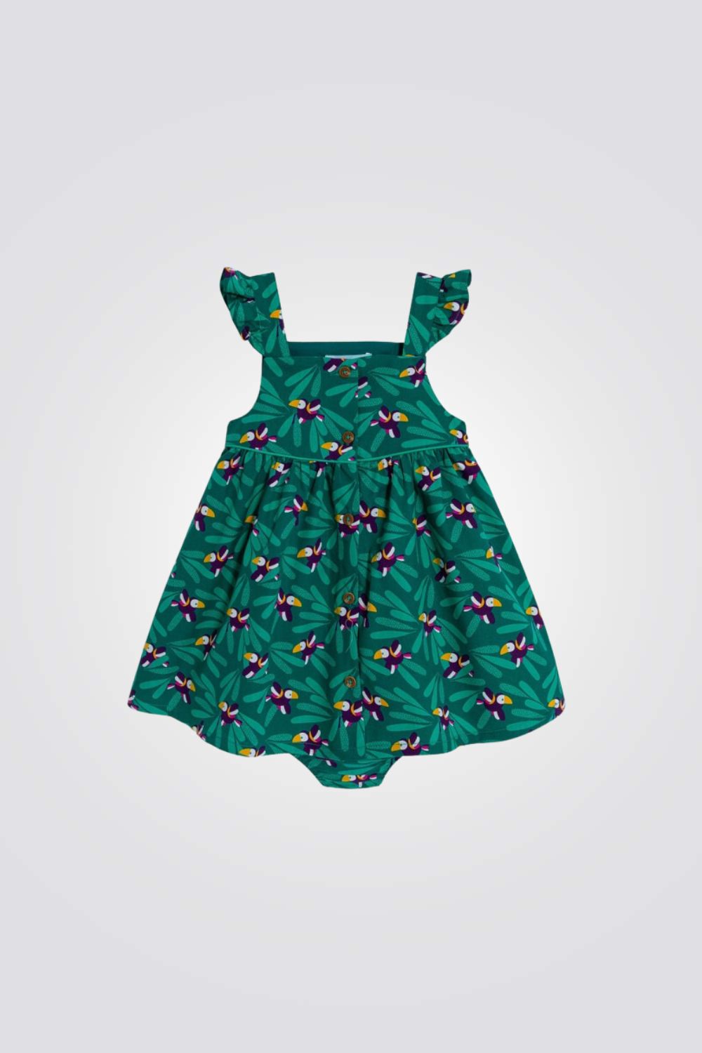 שמלה לתינוקות בצבע ירוק עם הדפס תוכים
