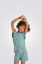 פיג'מה לילדות בצבע ירוק עם הדפס פרחים