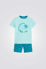 פיג'מה לילדים בצבע כחול עם הדפס דינוזאור