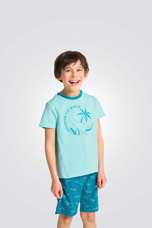 פיג'מה לילדים בצבע כחול עם הדפס דינוזאור