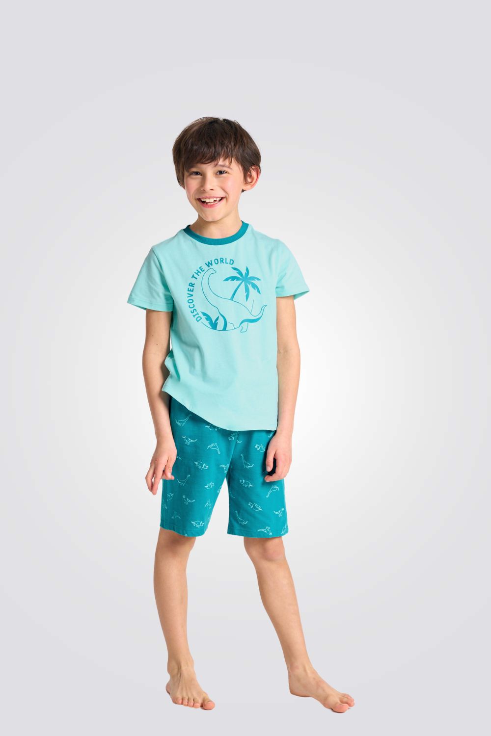 פיג'מה לילדים בצבע כחול עם הדפס דינוזאור