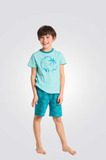 פיג'מה לילדים בצבע כחול עם הדפס דינוזאור