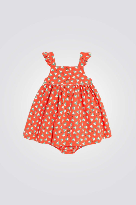 שמלה לתינוקות בצבע כתום עם הדפס תוכים