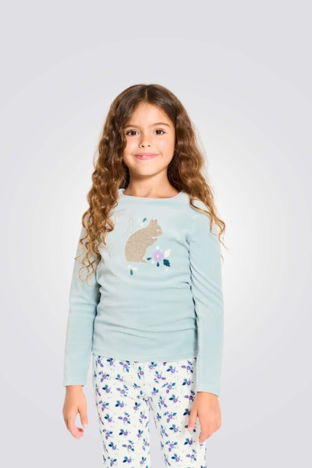סט פיג'מה לילדות בצבע תכלת הדפס פרחוני