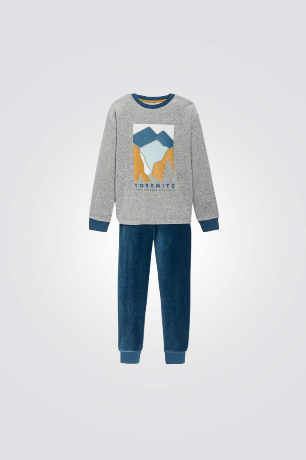סט פיג'מת קטיפה לילדים בצבע אפור וכחול