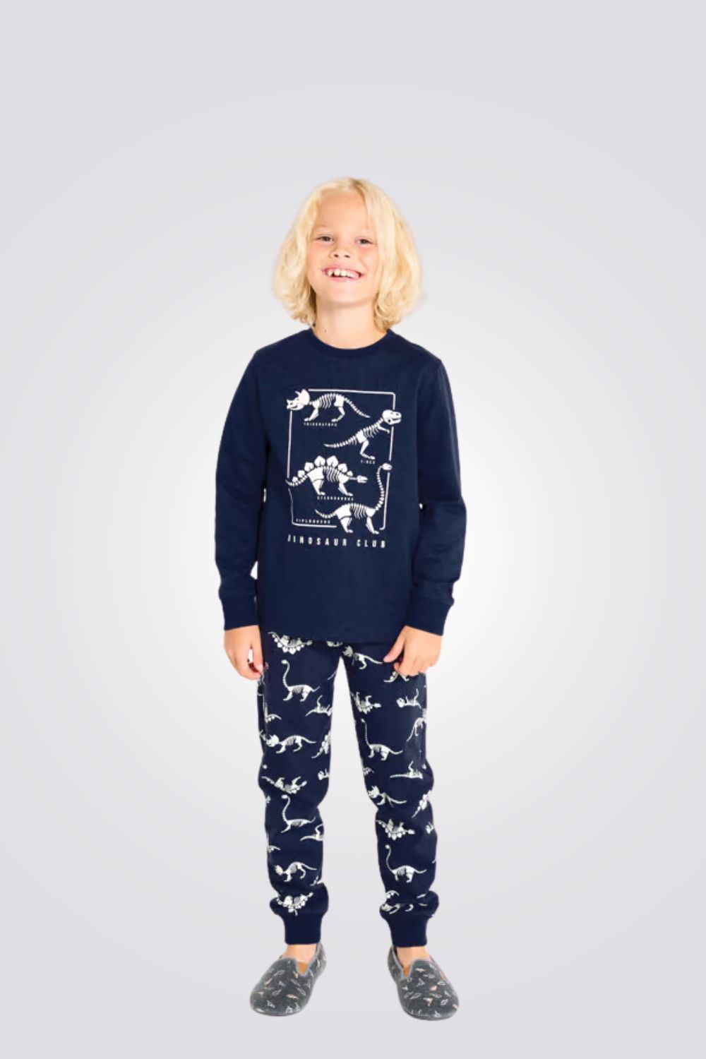 פיג'מה לילדים בצבע נייבי עם הדפס דינוזאורים