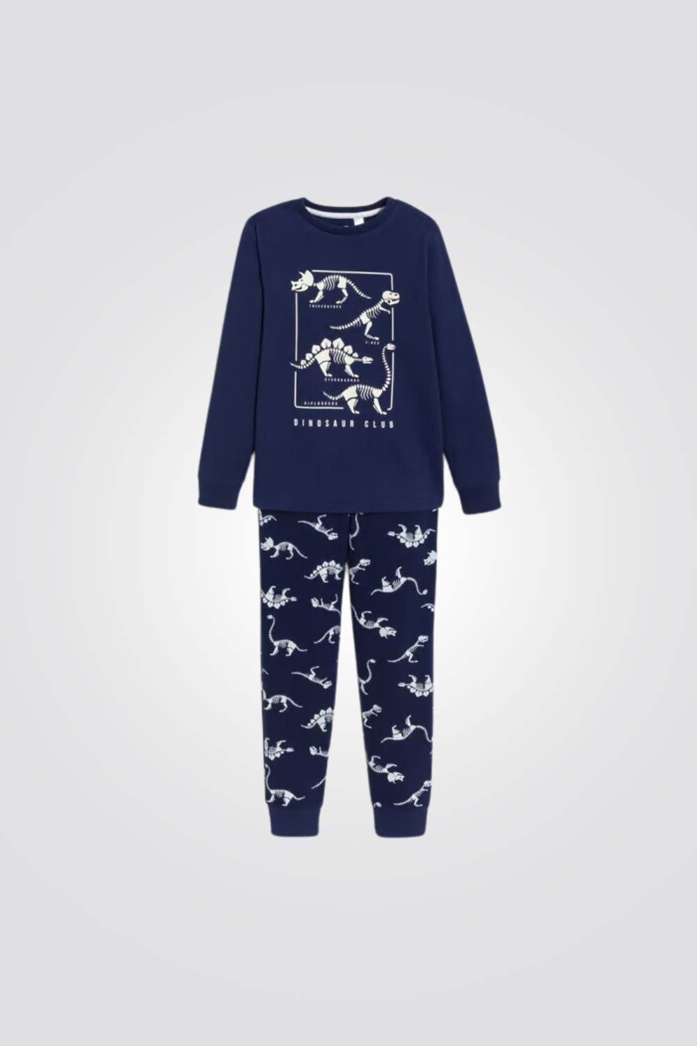 פיג'מה לילדים בצבע נייבי עם הדפס דינוזאורים