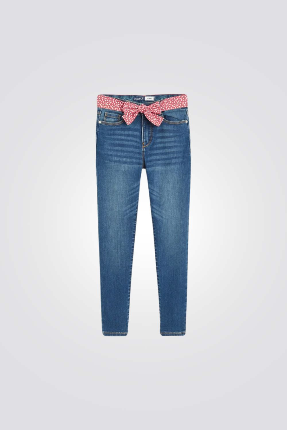 מכנסי ג'ינס לילדות עם חגורה ורודה