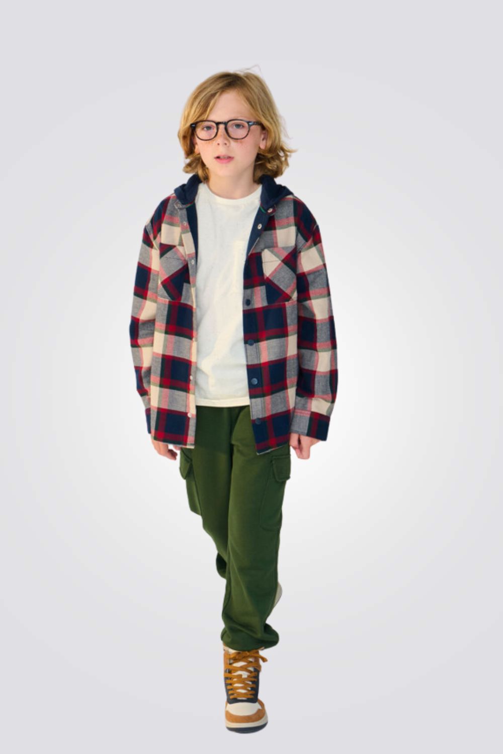 חולצה מכופתרת עם קפוצ'ון לילדים הדפס משבצות